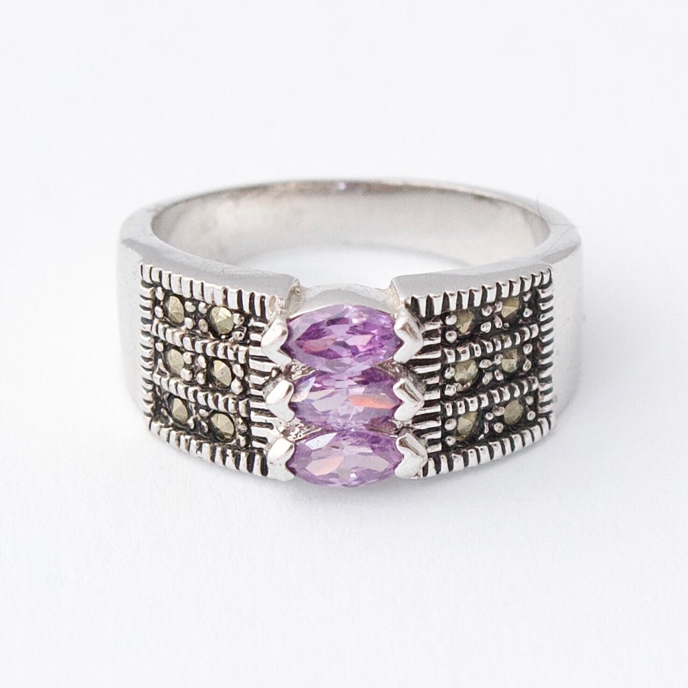 Estate Purple Cubic Zirconia & Marcasite Ring Size 8 Marquise Cut Silver Plated